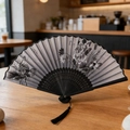 Classic folding fan with black bamboo ribs and lotus ink painting design with tassel - Ink Lotus Butterfly