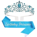 Birthday Princess sash and blue rhinestone crown set for girl parties on white background - Blue (Blue Crown + Blue Sash)