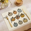 Rectangular Thanksgiving placemat with pumpkin print and cursive text on linen texture - Multicolor Pumpkins Pumpkin Letter