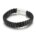Herren Armband aus geflochtenem Leder mit Metallkette und poliertem Silberverschluss - Schwarz Zweireihige Kette Geflochtener Stil (KB81418-BD)