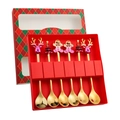 6-piece golden Christmas spoon set with reindeer, tree and gingerbread motifs in a red box - Red Box 6-Piece Set B