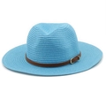 Detailed texture of blue straw hat with a brown leather band and silver buckle - M (56-58cm) / Lake Blue