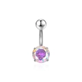 Macro shot of silver stainless steel belly button ring with a purple rainbow zircon gem - AB Iridescent Zirconia