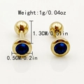 Titanium steel barbell stud earring in gold finish with dark blue zircon gemstone - Gold/Blue