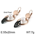 Pendientes de titanio oro rosa con colgante de hoja negra y perlas de concha - Estilo de Hoja Negra de Oro Rosa (KE87670-KFC)