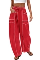 Women's bright red wide-leg cargo pants with drawstring waist and white contrast stitching - XS / Red