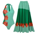 Set con tuta a righe verdi e gonna a ruota con vivaci stampe floreali rosse - S / Completo con Gonna all'Americana