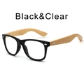 Retro black frame glasses with natural bamboo temples and clear transparent lenses - Glossy Black / Clear Lens