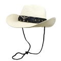 Retro straw cowboy hat in cream white featuring a metal bull head and chin strap - M (56-58cm) / Creamy White
