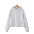 Detail of light gray hoodie with raw hem, large front pocket, and white drawstring cords - S / Tops / Mixed Grey