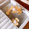 Elegant gold flower jewelry set featuring a pearl-accented open bangle and matching ring - 134# Pearl Flower Set (Bracelet+Ring/Stainless Steel) / Gold-White