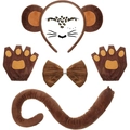Brown plush monkey costume set with round ears headband, paw gloves, bow tie and long tail - Brown Monkey 5-Piece Costume Set