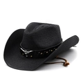 Dettaglio di cappello da cowboy in paglia nera con fascia in pelle e emblema di testa di toro - M（56-58cm） / Nero