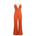 Orange halter neck jumpsuit with deep V-neck, silver chain detail and wide leg fit - L / Orange