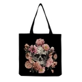 Detail of gothic skull and pink flower print on black canvas tote bag texture - Vintage Art Skull and Pink/Orange Flowers (hm6653)