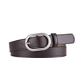 Slim dark brown PU leather belt with oval silver buckle for women's trousers - Coffee