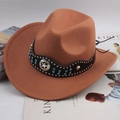 Brown western felt cowboy hat with blue rhinestones and silver metal star emblem band - Rhinestone Arc Strap / Caramel