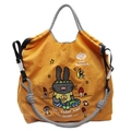 Yellow large canvas tote bag featuring black rabbit embroidery and woven handles - Yellow