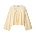 Lichtgeel geplisseerd kimono-topje met lange mouwen en striksluiting aan de voorkant - XS / Tops / Abrikoos