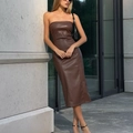Brown faux leather strapless midi dress with slit, bodycon fit for chic autumn style - S / Top And Bottom / Camel