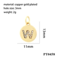 Macro detail of gold plated copper round pendant with cubic zirconia letter W inlay - Letter W Round Pendant