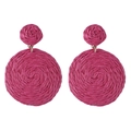 Macro detail of magenta raffia woven earrings showing texture and craftsmanship - Bright Rose Red Woven Round Pendant Earrings
