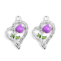 Silver alloy heart pendant with purple tulip design and white crystal accents - Purple-Silver Plated