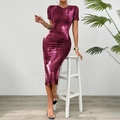 Elegantes weinrotes Midi-Kleid mit Batikmuster, schmale Taille und kurzen Ärmeln - S / Burgunderrot