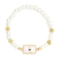 Macro detail of bead bracelet featuring white pearls, gold crosses and evil eye charm - BE1640WH06-Rectangular Evil Eye Plate