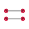 Macro view of silver stainless steel nipple barbells with brilliant red zircon crystal balls - Bright Red Ball Style (1996 Red)