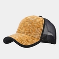 Detail of straw texture and black mesh panels on a breathable summer baseball cap - Adjustable / Camel