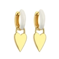 Elegant gold heart earrings with white enamel round hoop accents on white background - Glossy White