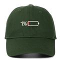 Forest green cotton baseball cap with 1% low battery embroidery on a white background - Adjustable / Dark Green