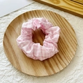 Pastel pink and white gingham checkered scrunchie displayed on a round wooden tray - Light Pink Checkerboard
