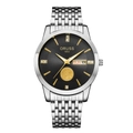 Macro view of men's watch featuring a black dial, day-date window and gold emblem - 9-row Silver Strap - Black Dial