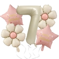 Beige number 7 foil balloon set with daisy flowers and pink happy birthday stars - Daisy Number Set 7