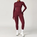 Burgunderrotes Yoga-Set für Damen mit High-Waist-Leggings und langärmeliger Trainingsjacke - S / Jacke + Hose / Kirschrot