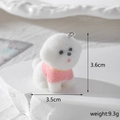 White flocked Bichon dog charm in pink clothes with size measurements and metal hook - Bichon in Pink Clothes