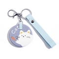 Light blue leather strap keychain with a purple round cat pendant and silver metal ring - White Cat