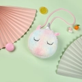 Close-up of fluffy plush unicorn crossbody bag with rainbow gradient and silver glitter horn - Multicolor Tie-dye