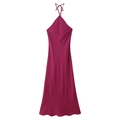 Elegant rose red halter maxi dress with backless design and smooth satin fabric - XS / Fuschia
