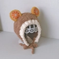 Brown plush baby earflap hat with orange slice pom-poms and white fuzzy trim details - Cap circumference 40-48cm, suitable for 3-18 months / Fruit Khaki