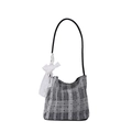 Gray plaid bucket bag with black polka dots and a white lace bow detail - Black With Silk Scarf