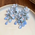 Detail of blue tulle flower tassel earrings with teardrop beads on a ceramic plate - Blue Fresh Fabric Long Tassel (16# Silver Earring Post)