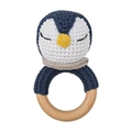 Handmade crochet penguin baby rattle with blue knit finish and a natural wooden ring - Blue Penguin