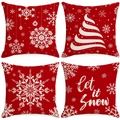 Set of 4 Christmas red cushion covers with white snowflake and Let it Snow prints - Pure Red Minimalist Snowflake Tree Set