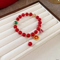 Handwoven red bead bracelet with gold plated accents and green charm for New Year - Chinese Auspicious Cloud Flower Style (6# Bracelet-Red)
