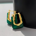 French vintage U-shaped earrings in gold metal and translucent green resin - Green