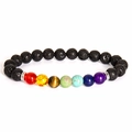 Lava rock chakra bracelet with colorful tiger eye beads and silver spacers on white base - Silver Chalcedony Style Bracelet