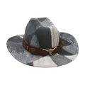 Western fedora hat in blue patchwork denim with brown leather band and silver bull head - One Size / Brown Leather Band With Metal Bull Head / Black